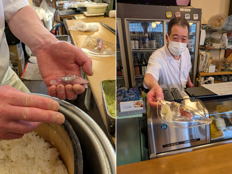 「小樽たけの寿司」の店主がニシンを握る手元のアップと、笑顔で完成した握り寿司を提供する様子。