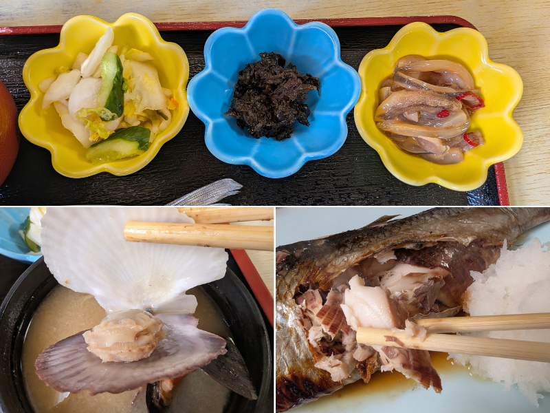 「民宿 青塚食堂」の定食に付く色鮮やかな3種の小鉢と、稚貝（ホタテ）がたっぷり入った味噌汁、そして箸でほぐすと現れるニシンのふっくらとした白い身。