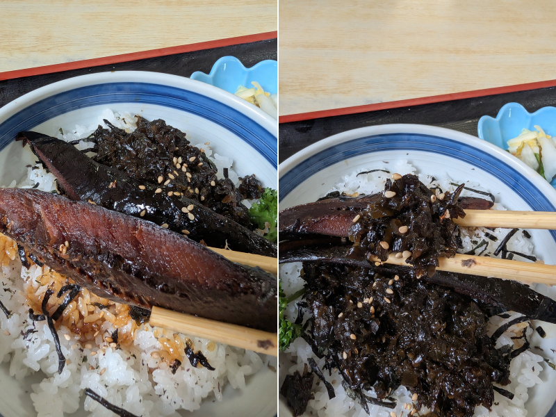 「民宿 青塚食堂」のにしん丼。箸で持ち上げた厚みのあるニシンの甘露煮と、その下に広がる海苔とタレが染み込んだご飯のアップ。