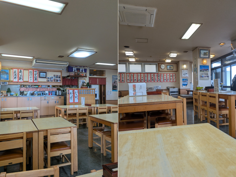 「民宿 青塚食堂」の広々とした店内風景。木目調のテーブル席が並び、壁には数多くの手書きメニューが貼られた、昔ながらの活気ある食堂の雰囲気。