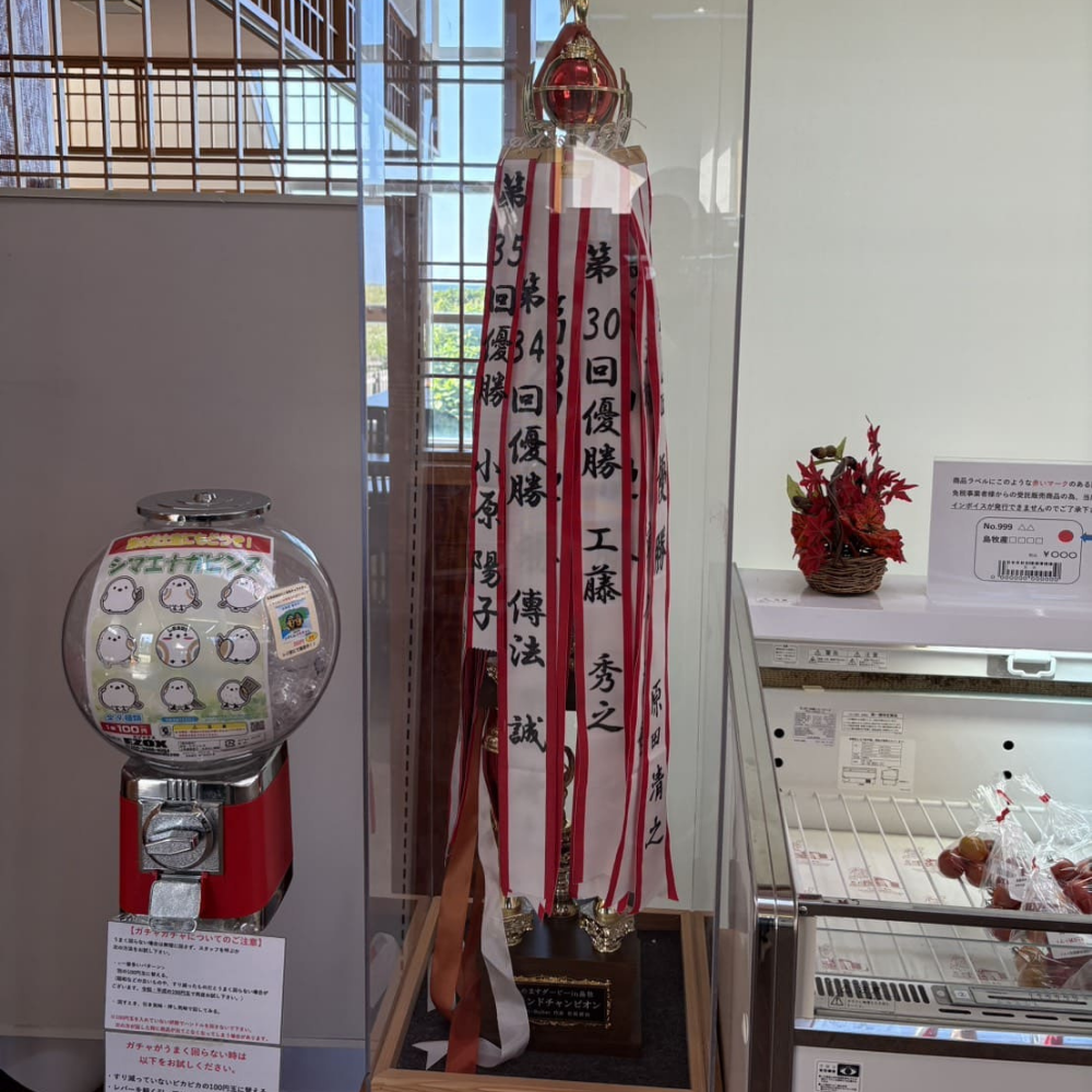 店内に飾られた大きな優勝トロフィー。歴代優勝者の名前が書かれた紅白のリボン（ペナント）が多数垂れ下がっており、左側にはシマエナガのガチャガチャマシン、右側には商品ケースや注意事項のPOPが置かれている様子。